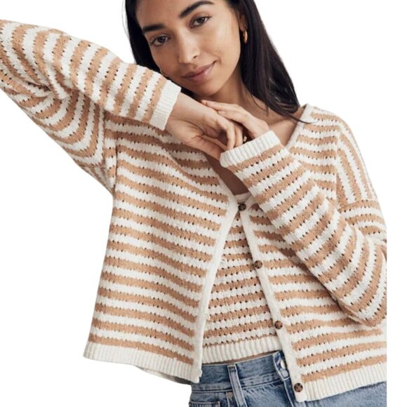 Madewell Open Stitch Cardigan Sweater In Stripe Earthen Sand Size L - Picture 1 of 10